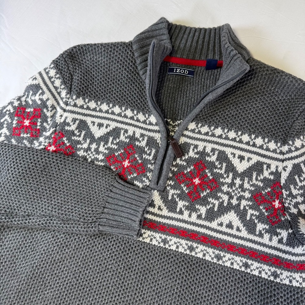 1/4 Zip Fair Isle Snowflake Nordic Sweater Men's Size Small Gray Mock Neck Izod - Picture 1 of 6